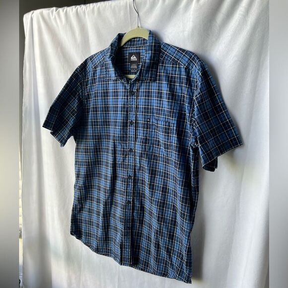 Quiksilver Men Size Large Blue White Plaid Button Up Pocket - Picture 2 of 6